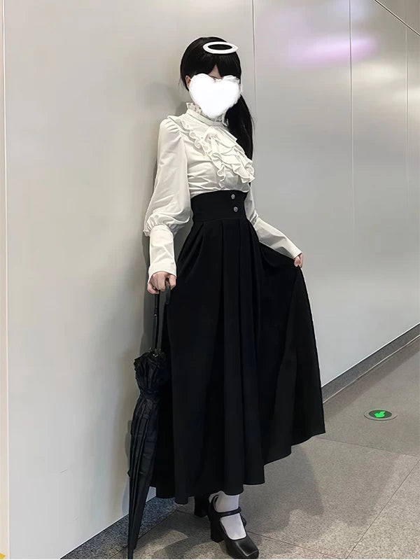 Creamy white ruffled bib shirt and black skirt two-piece set