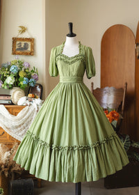 Forest Wardrobe - Forest Pastoral - Square-Neck Ruffle Dress and Underskirt - Avocado Green Dress / Ready Stock / S