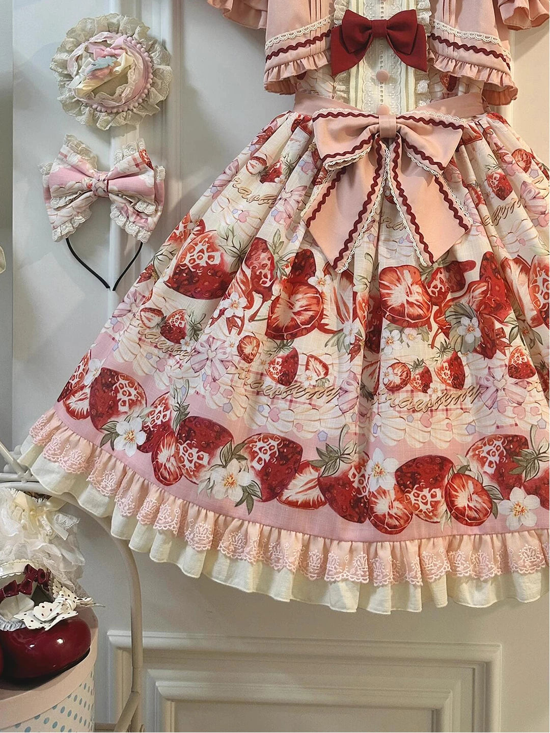 Creamy - Strawberry Afternoon - Faux Two-Piece OP Dress with Strawberry Print