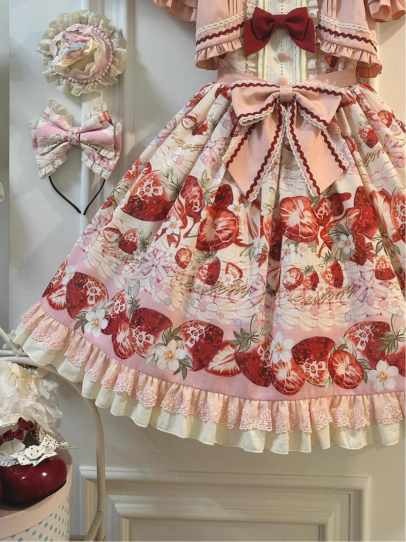 Creamy - Strawberry Afternoon - Faux Two-Piece OP Dress with Strawberry Print