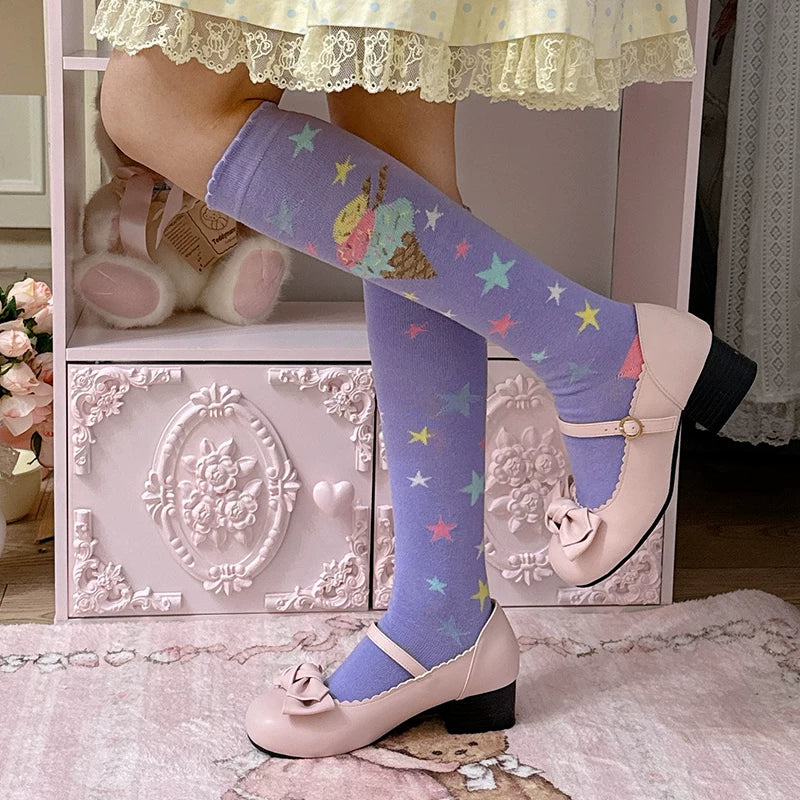 Milky Star Qiaoqiao - Ice Cream Stars - Calf Socks with Ice-Cream Motifs