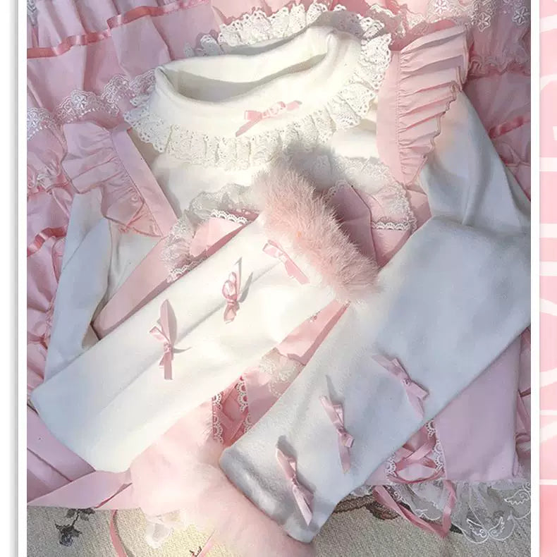 Pink regular style soft knit Lolita long-sleeve top with lace trim and bow details