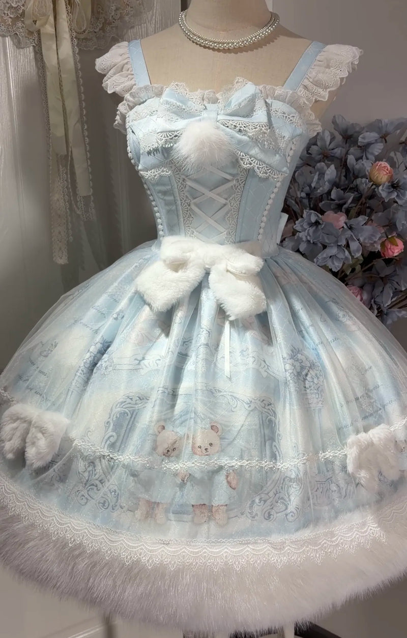 Zhijin Garden Snowflake Bear Plush Winter Lolita JSK — Blue JSK