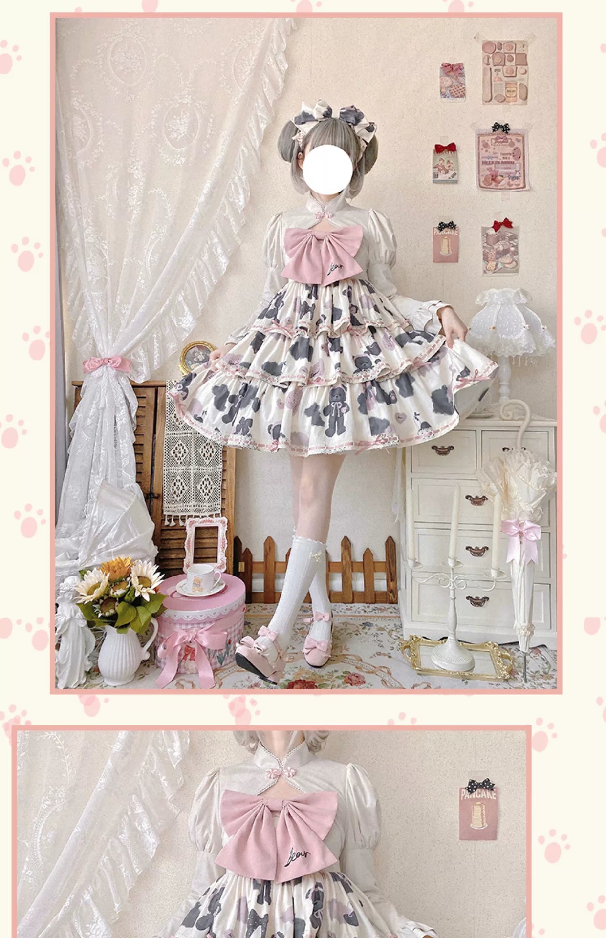 Baozi Pig - Teddy Bear Tiered - Three-Tier JSK Dress with Lace Edging