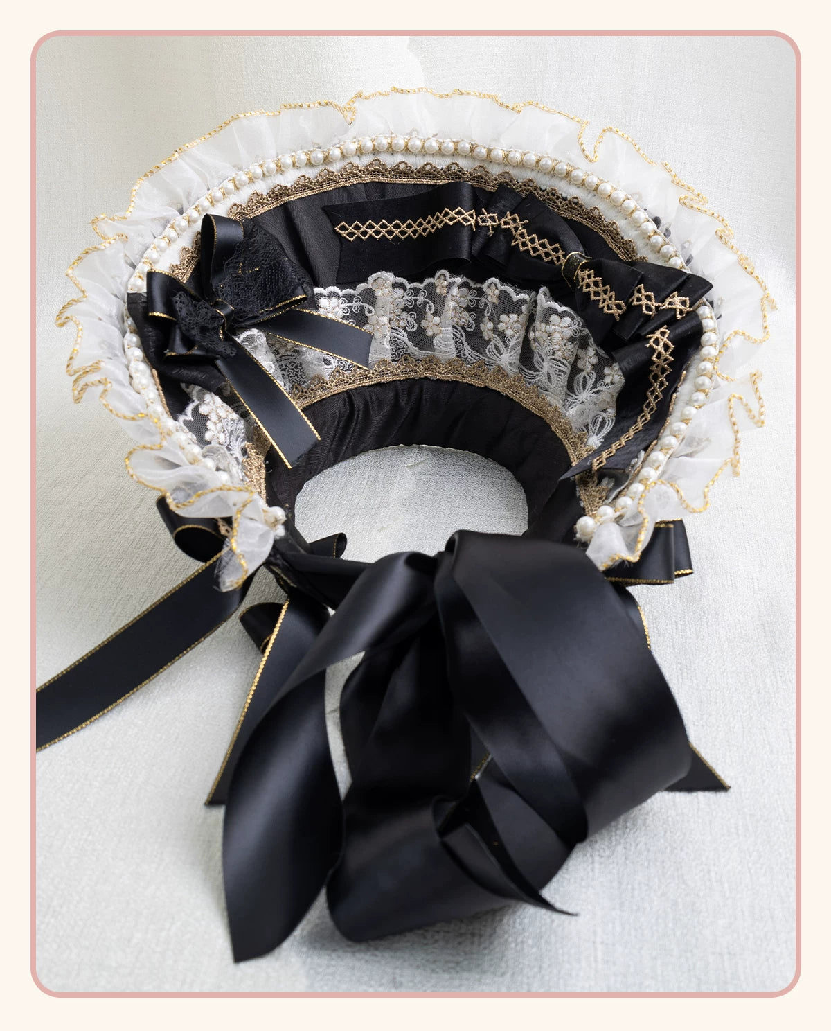 Stardust Rose - Night Banquet - Black-and-Gold Lolita Headwear with Lace and Bows