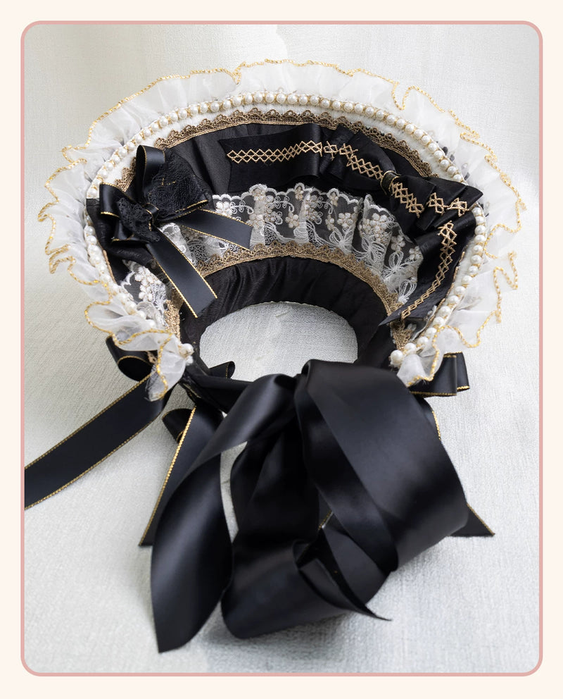 Stardust Rose - Night Banquet - Black-and-Gold Lolita Headwear with Lace and Bows