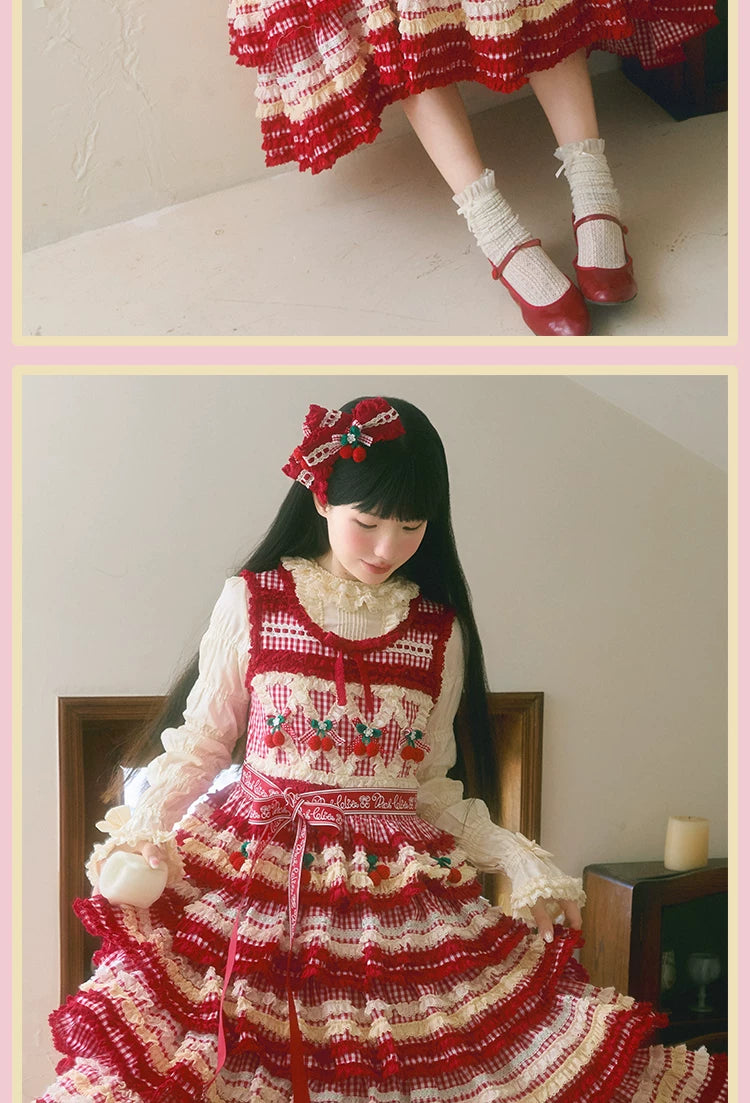 RichLolita - Sugared Cherry - Red Gingham JSK and Vest Dress Collection with Cherry Appliqués