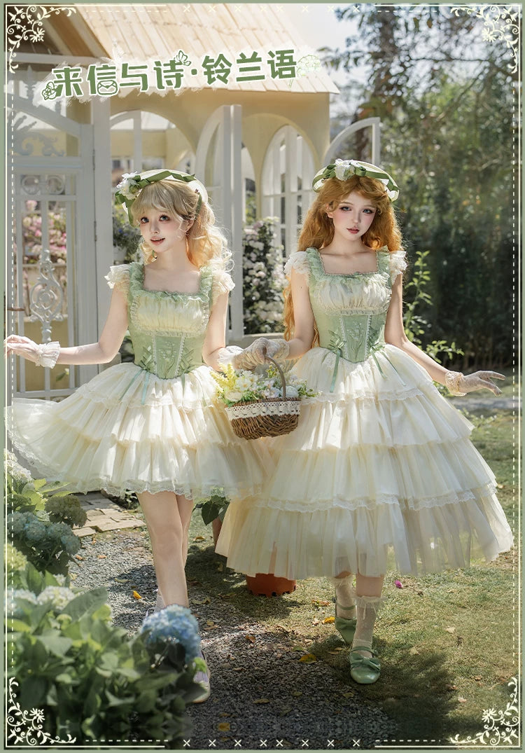 With PUJI - Lily of the Valley Whisper - Embroidered Classic Lolita Corset JSK Dress detail view 6