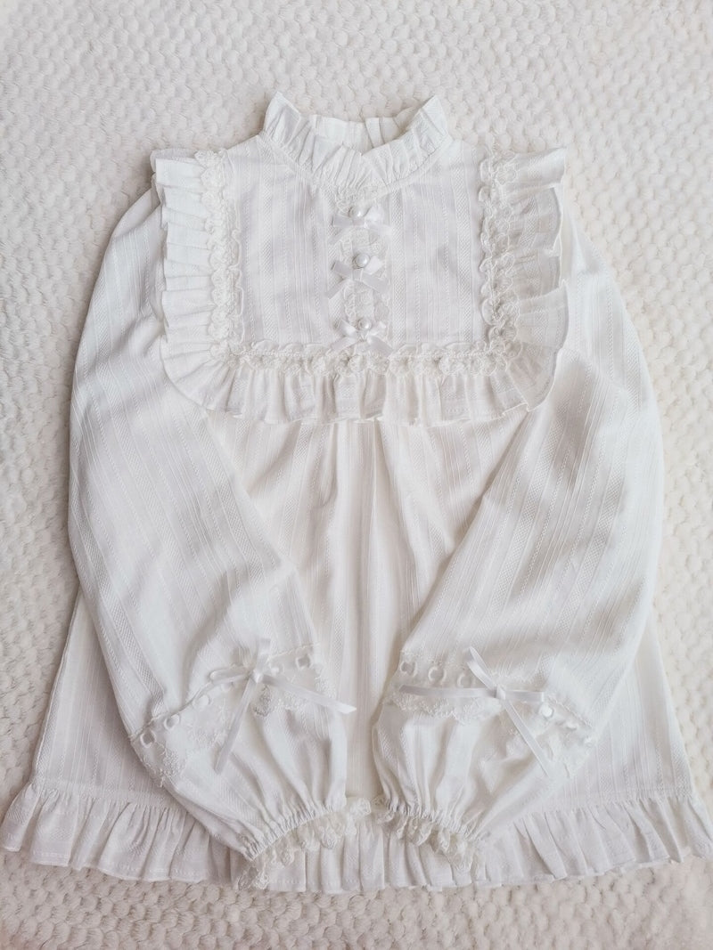 Yilia - Cotton Lolita Lace Long Sleeve - White Blouse Innerwear
