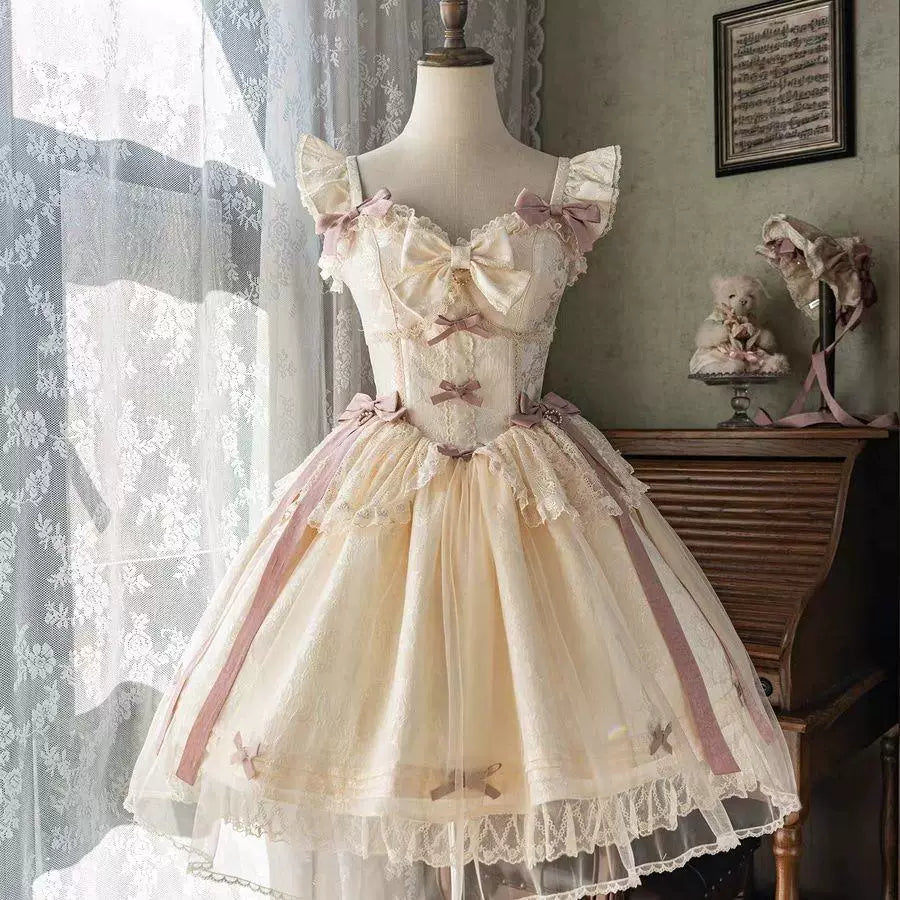 Pale pink JSK dress with lavender bows, lace panels and a trailing veil