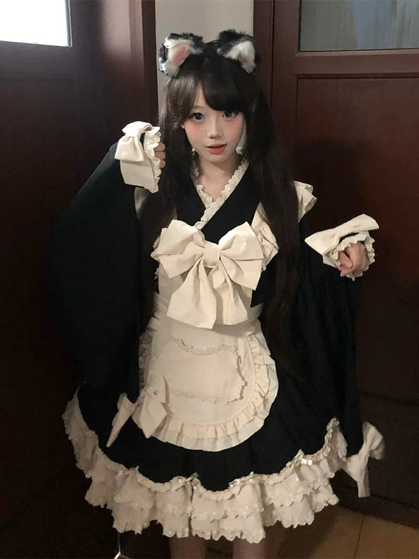 Creamy - Maid Bow - Bow-Trim OP Dress with Apron