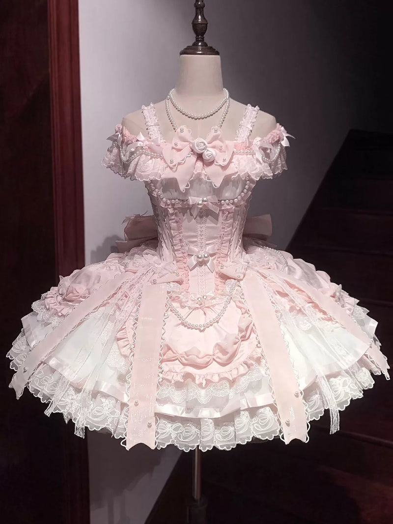 Blue balletcore sweet lolita dress styled with matching petticoat and headpiece