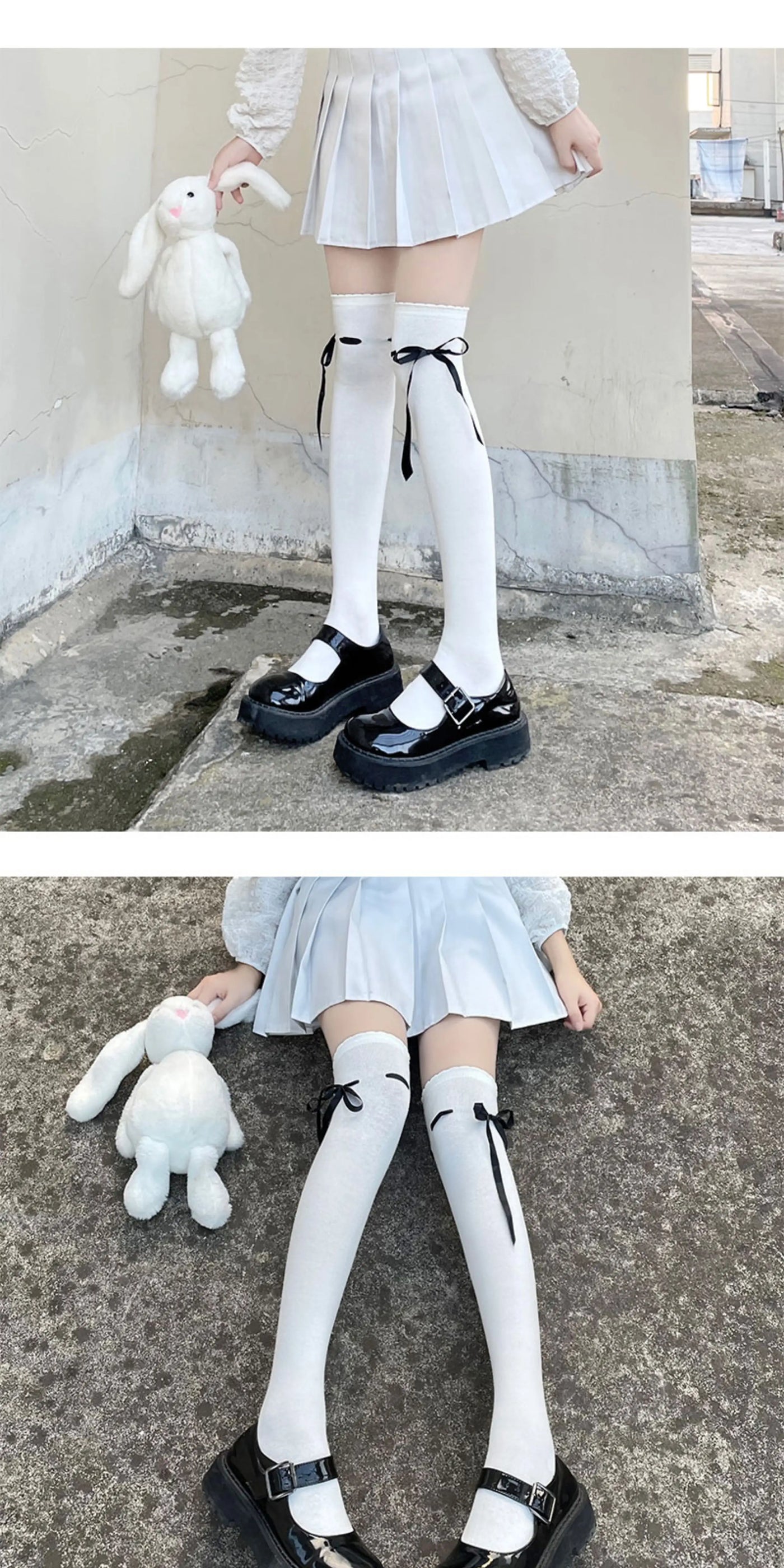 Floral Milk Cat - Ribbon Tie - Over-knee socks with side bows and long ties