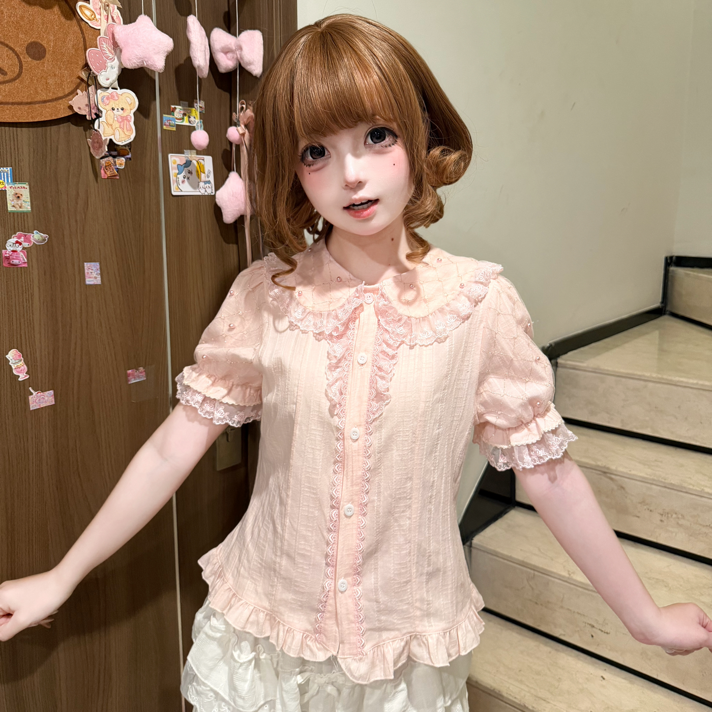 Jelly Girl - Spring Dessert - Pure Cotton Short-Sleeve Inner Blouse with Ruffle Trim