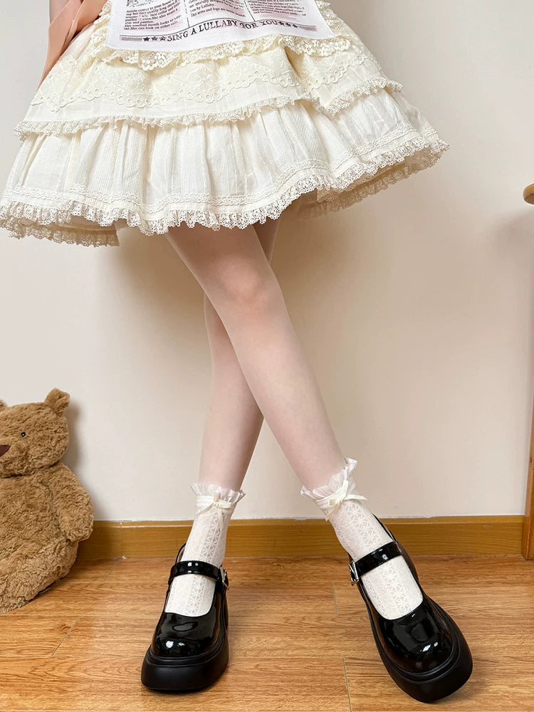 Chubby Bear Tales - Cream Puff - White Mid-Calf Socks with Bow or Lace-Trimmed Cuffs