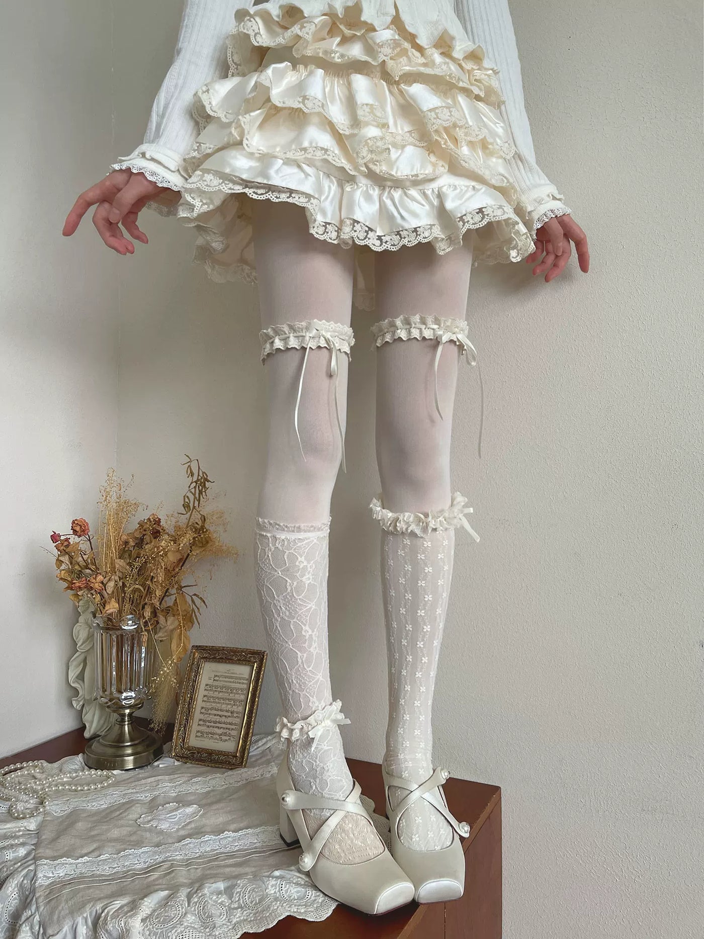 Sock Noble - Romantic Lace Layering - Layered Tights and Socks with Lace and Bows