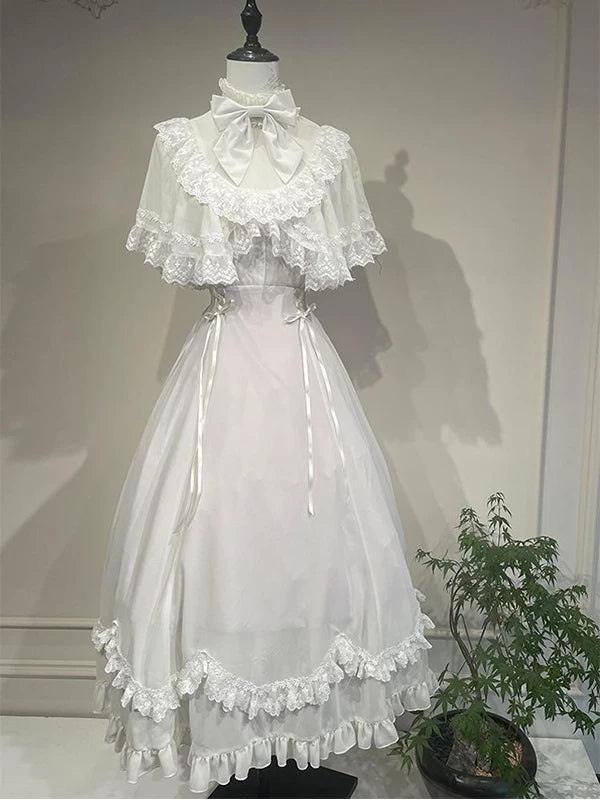 White Sweet Lolita OP dress with lace-trimmed capelet and center bow