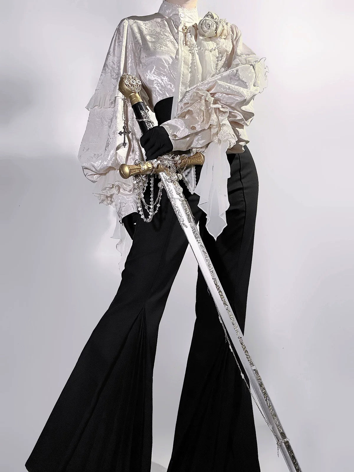 Letters from Unknown Star - Rose and Sword - Ouji Lolita Jacquard Blouse & High Waist Pants Suit