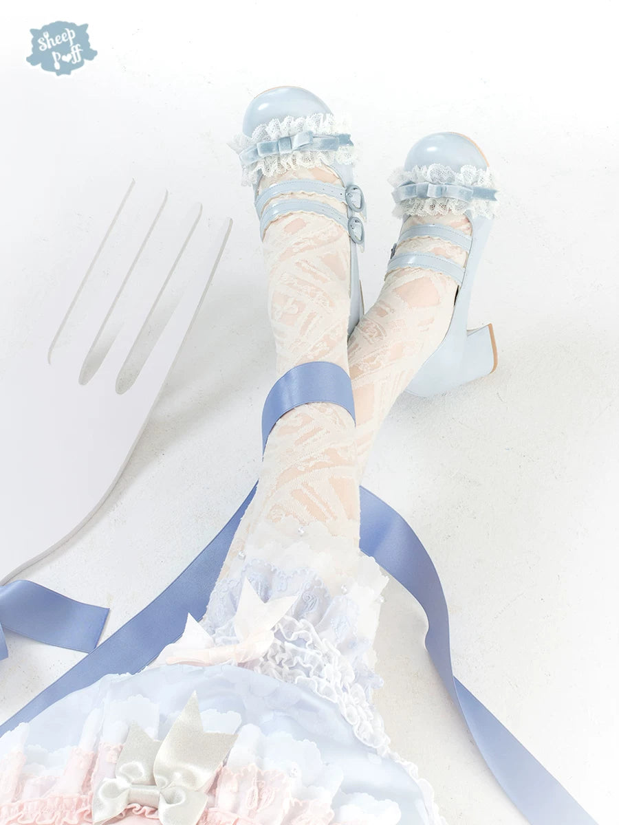 Sheep Puff Tiramisu Mid Heel Lolita Shoes showcasing beige and brown puffed sheep design with mid heel and lace-up detail