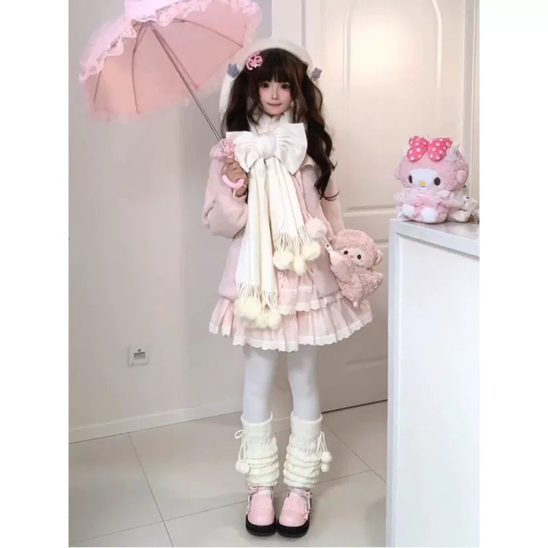 Creamy - Retro Nana - Cardigan, Skirt and Scarf Three-Piece Set with an Oversized Bow