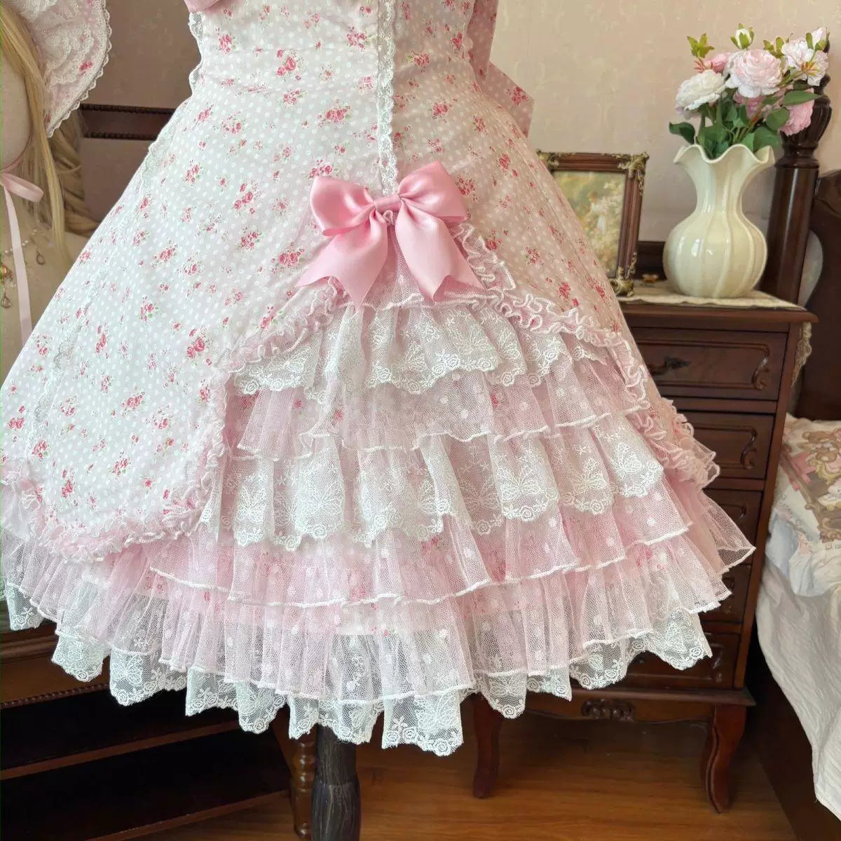 Sweetheart Dream Machine - Spring Shattered Lace Pink - Lolita skirt set with tiered lace and bows