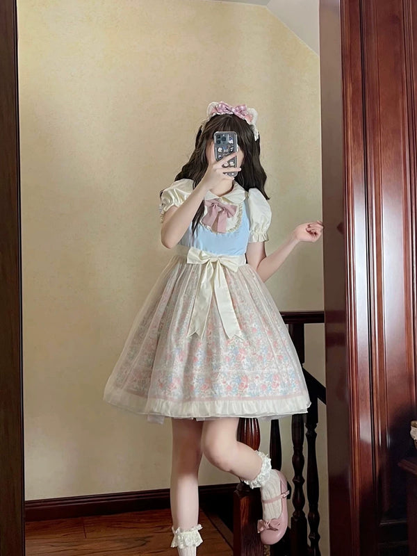 Yueele - Blue Floral Summer - Plus-Size Sweet Lolita OP Dress - front view