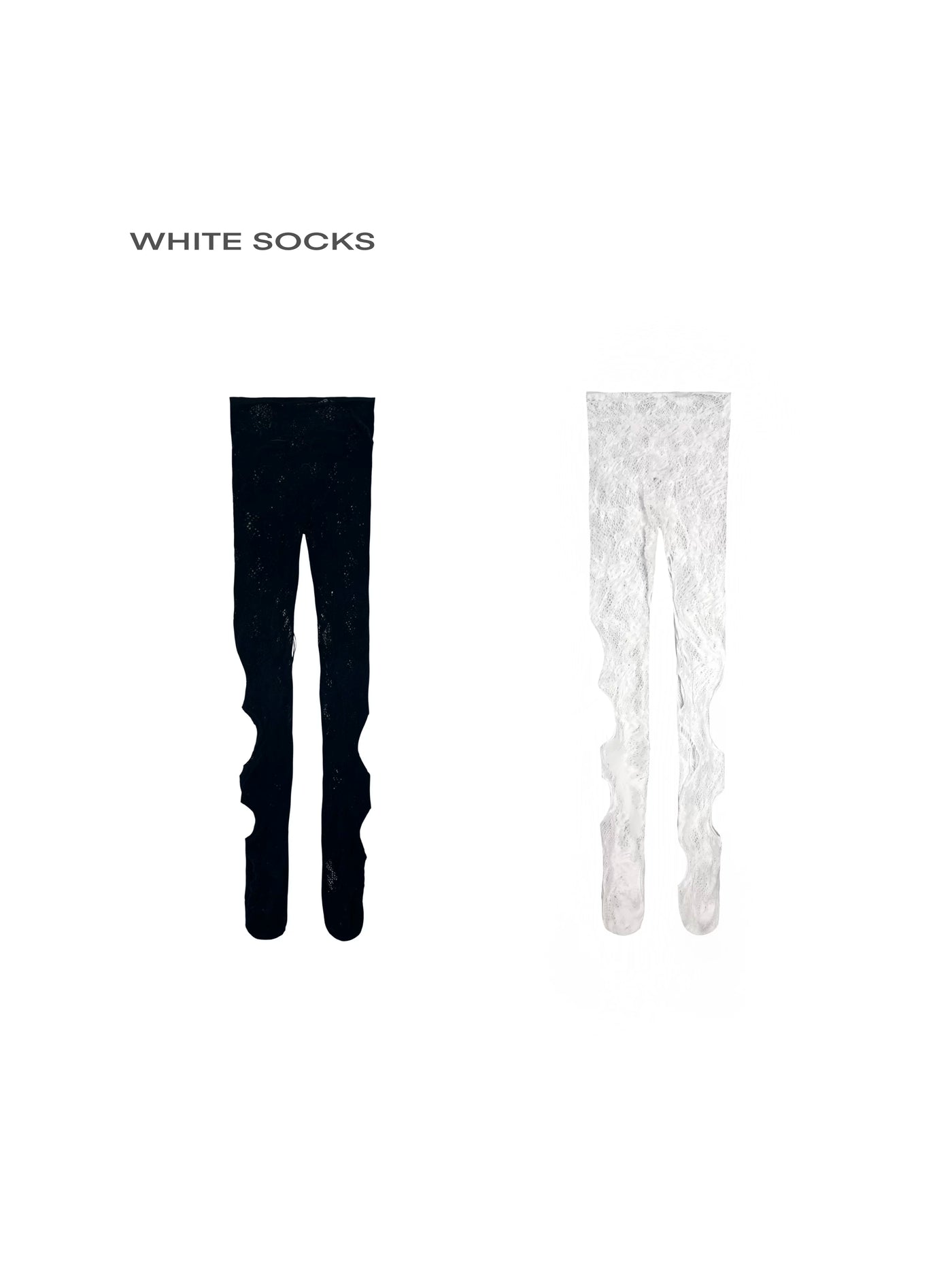 Black and white distressed fishnet stockings with large cutouts shown in composite styling images.