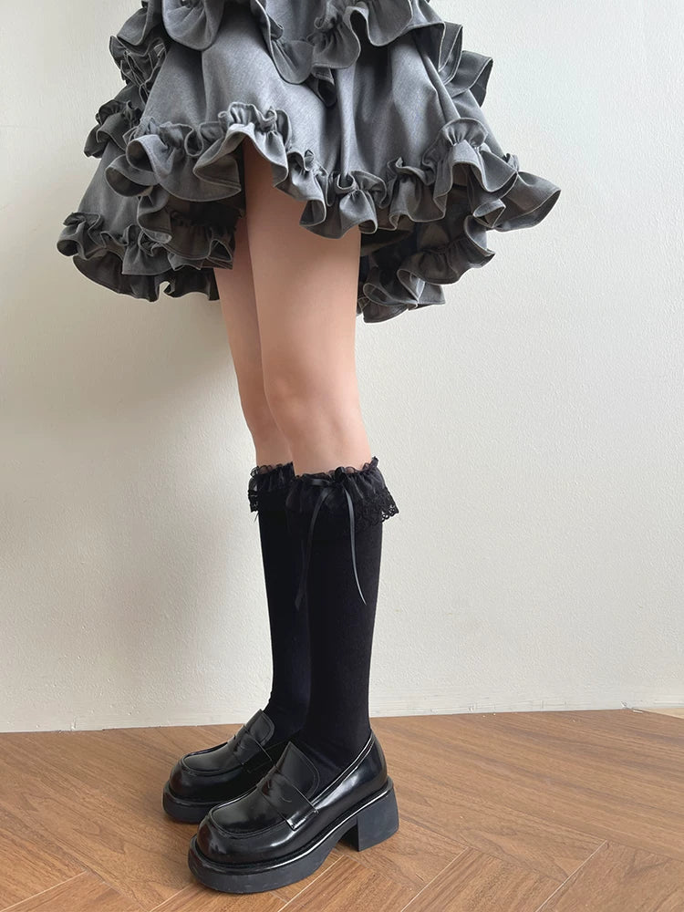 Sock Noble - Ribbon Embroidery - Embroidered Bow Mid-Calf Slouch Socks
