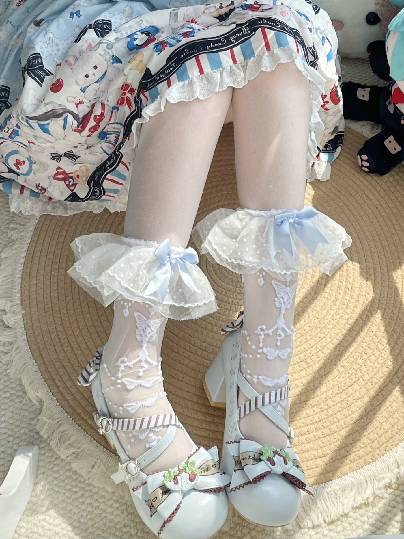 Fantasy Doll - Butterfly Prayer - Sheer Mid-Calf Socks with Layered Lace Cuffs