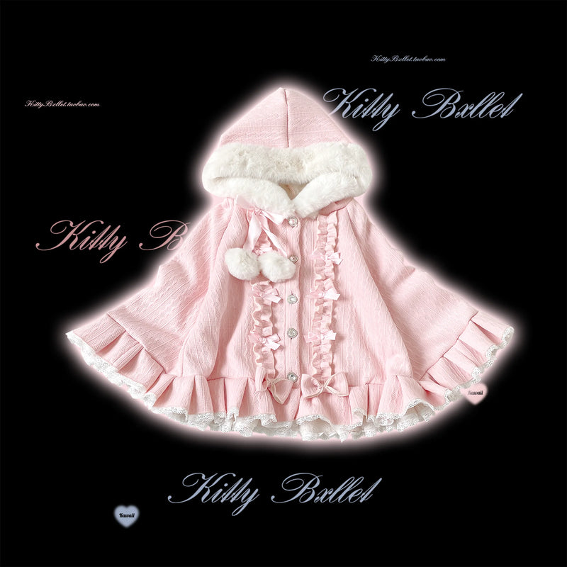 KittyBxllet Pompom Sweetheart Hooded Fleece-Lined Cape — Pink - Button Version, Ready-Stock Option