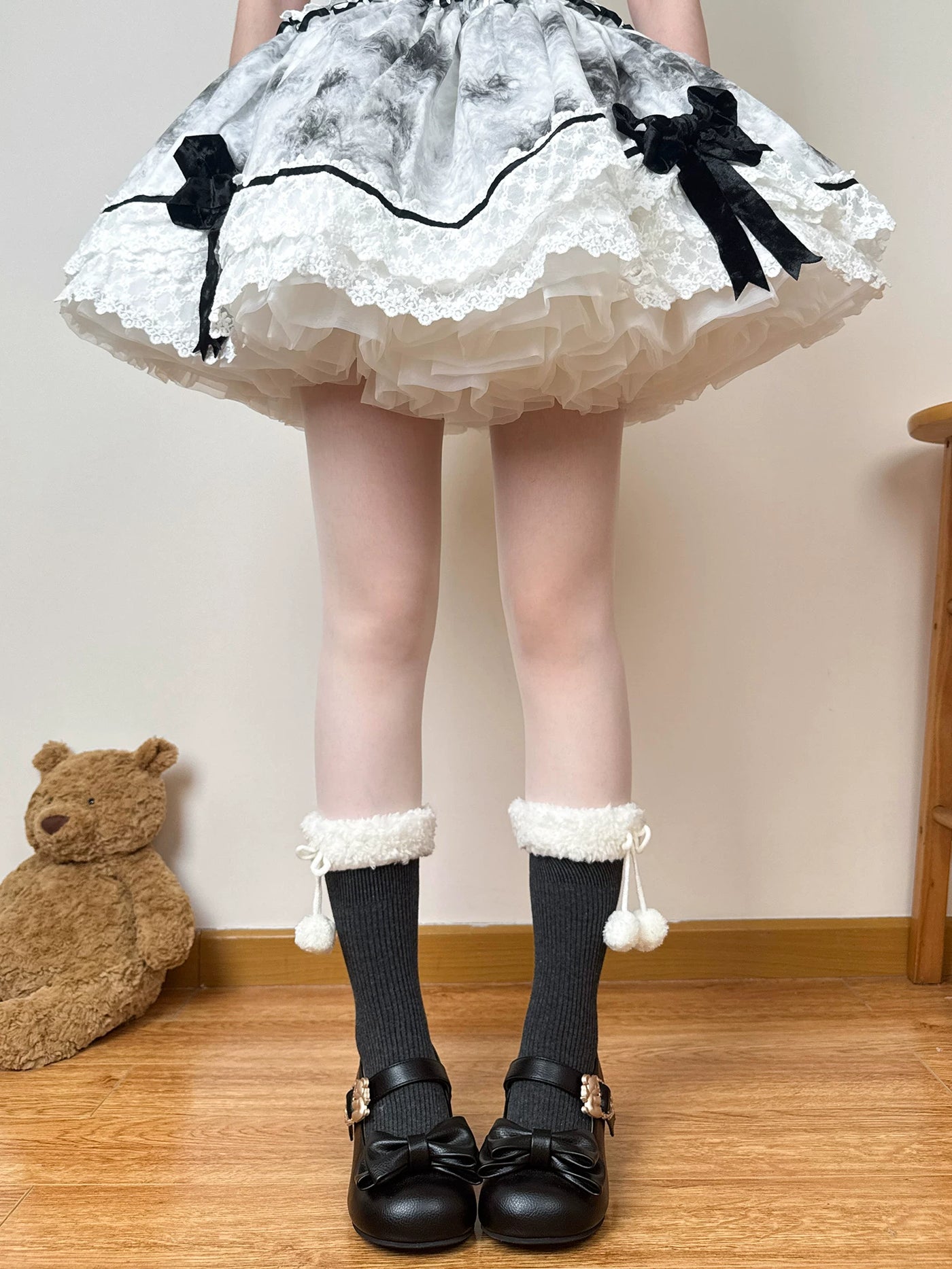 Chubby Bear Tales - Fluffy Winter - Mid-Calf Scrunch Socks with Pom-Pom or Bow Cuffs