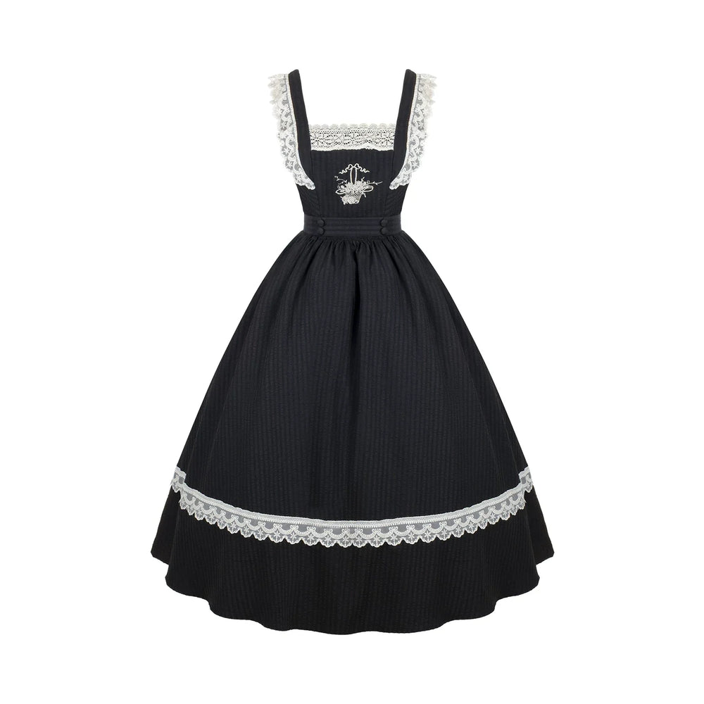 Black Classic Lolita JSK dress with white lace trim and floral embroidery