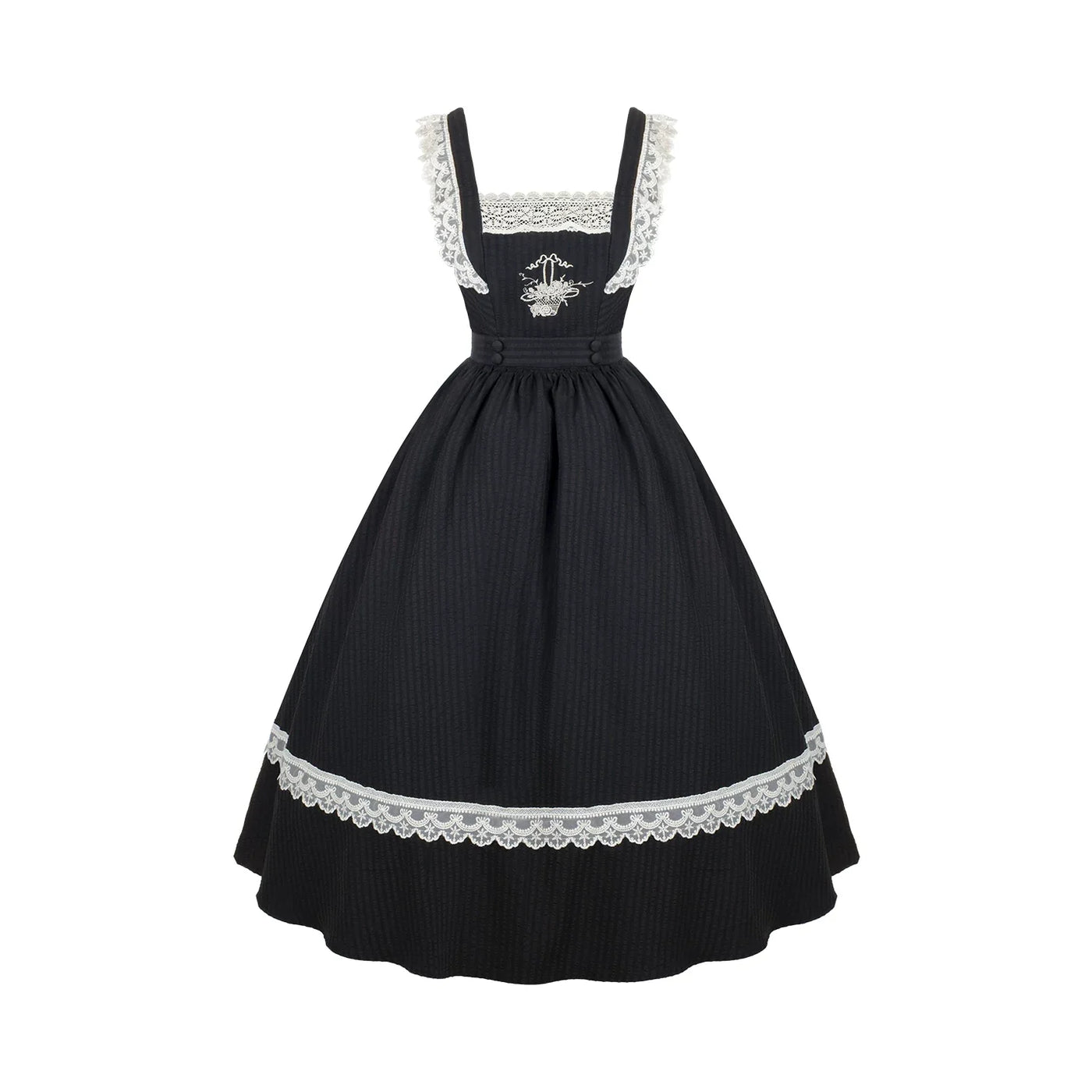 Black Classic Lolita JSK dress with white lace trim and floral embroidery