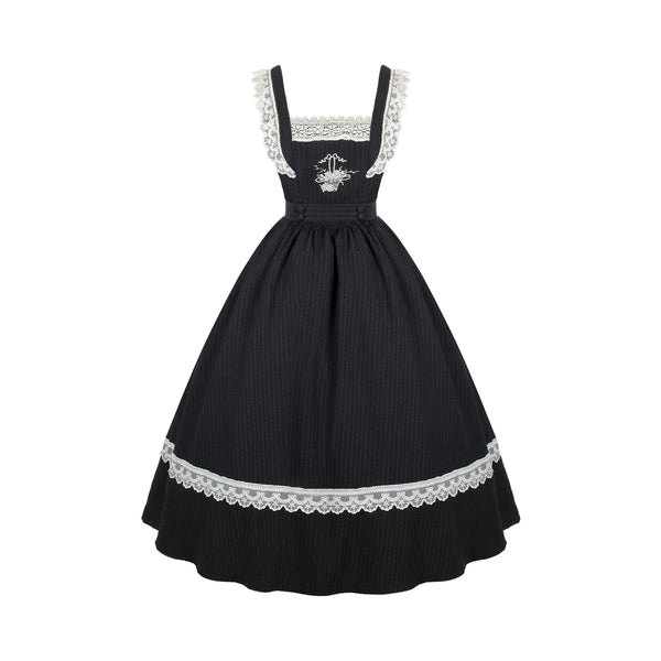 Black Classic Lolita JSK dress with white lace trim and floral embroidery