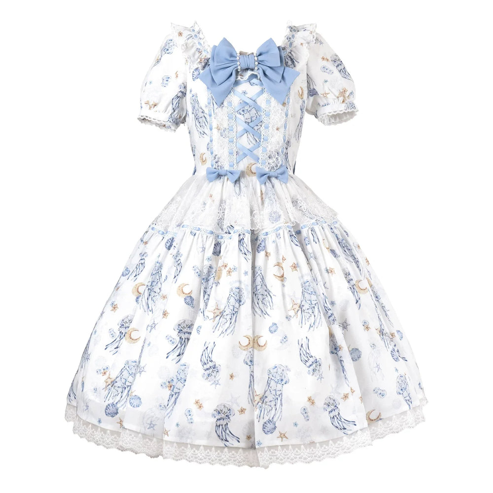 White and blue printed Lolita dress with jellyfish, stars, moons and blue bows