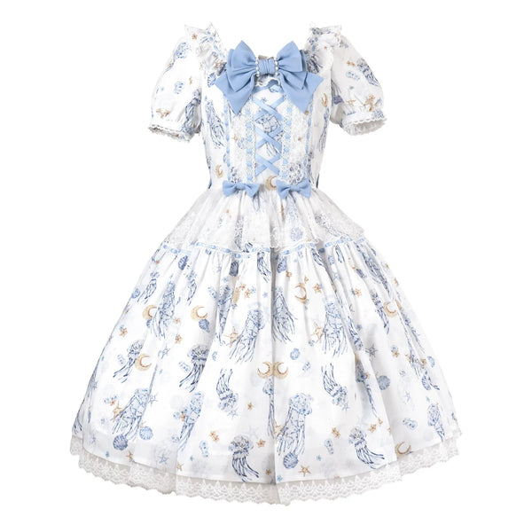 White and blue printed Lolita dress with jellyfish, stars, moons and blue bows