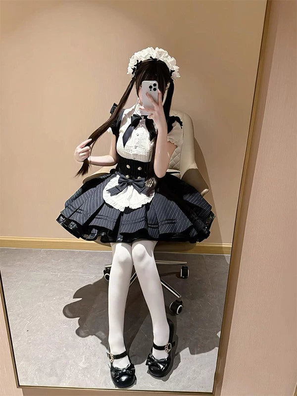Creamy - Striped Maid - Short-Sleeve OP Dress Set with Striped Skirt