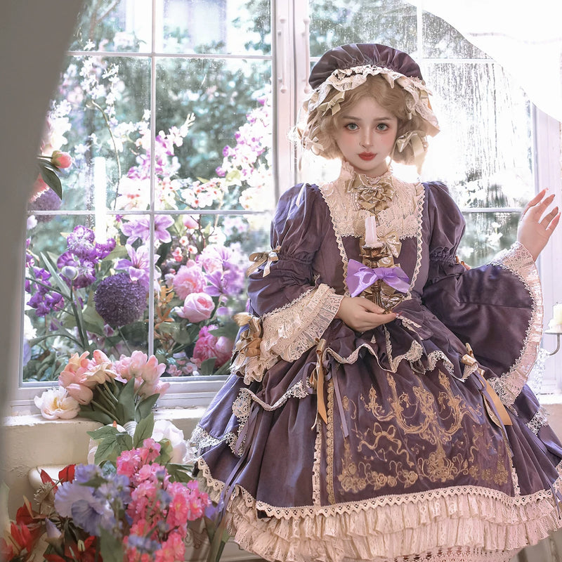 Thorn Rose Candle Doll purple Lolita OP dress with ruffles and gold bows