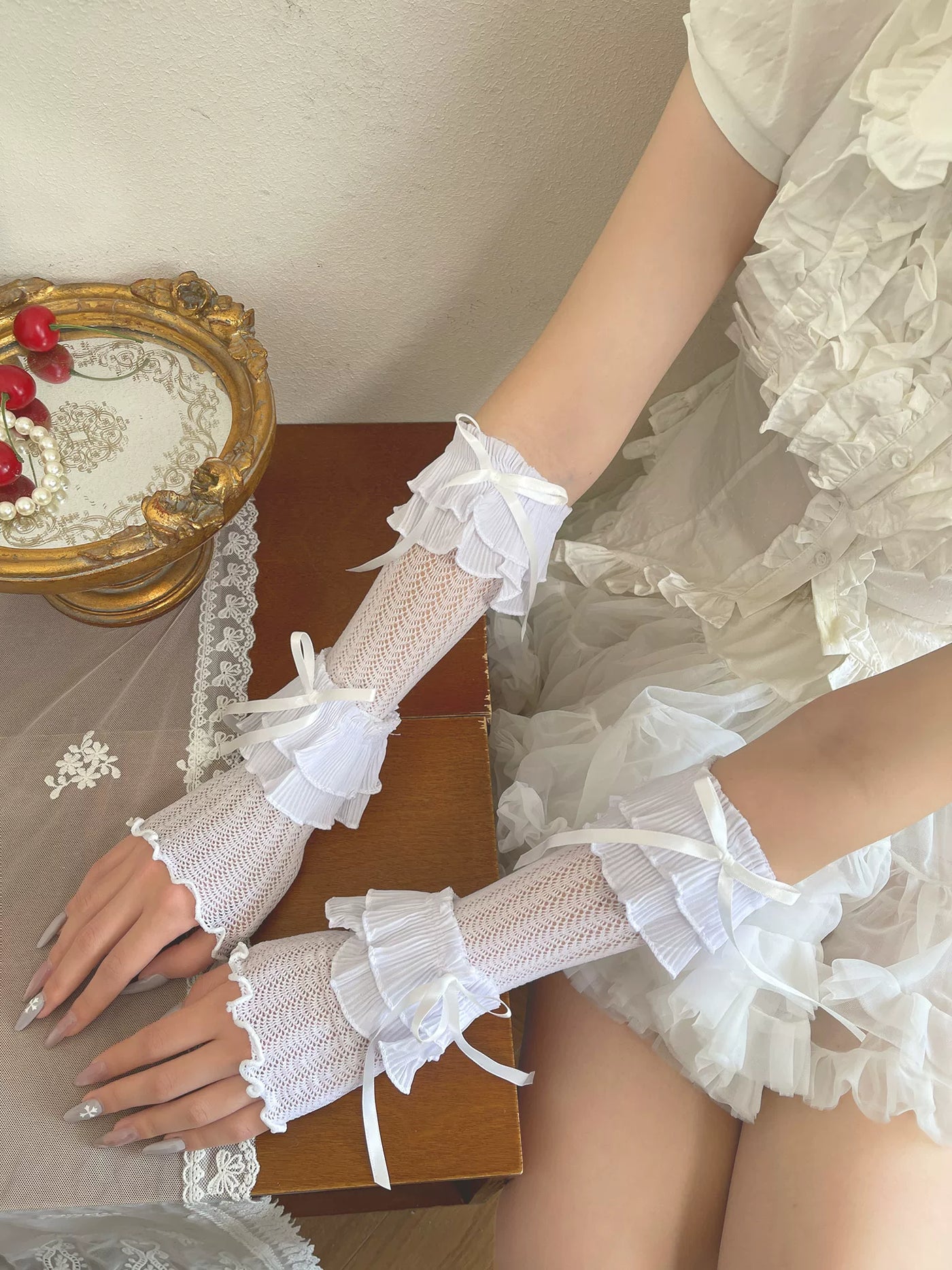 Sock Noble - Layered Cake Lace - White fingerless arm sleeves with tiered ruffles and ribbon ties