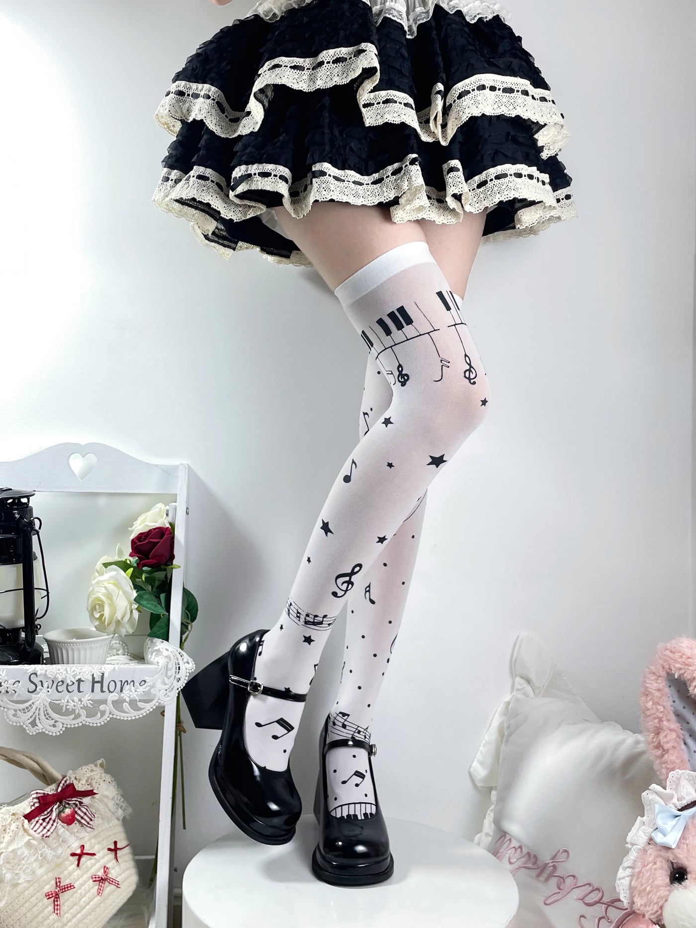 Fantasy Doll - Musical Note - Over-the-Knee Socks with Piano-Key Print