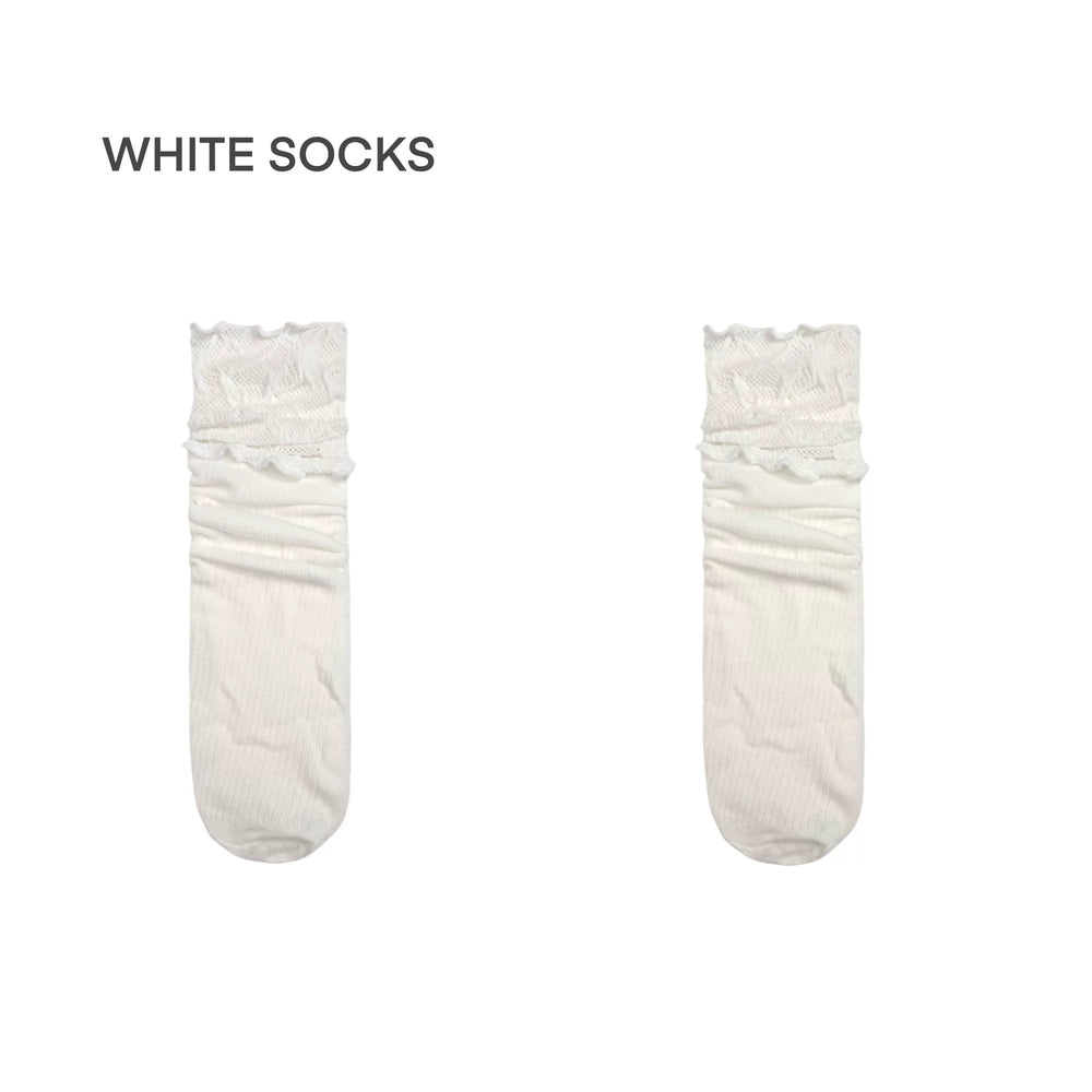 Black and white mid-calf socks with lace mesh upper panels