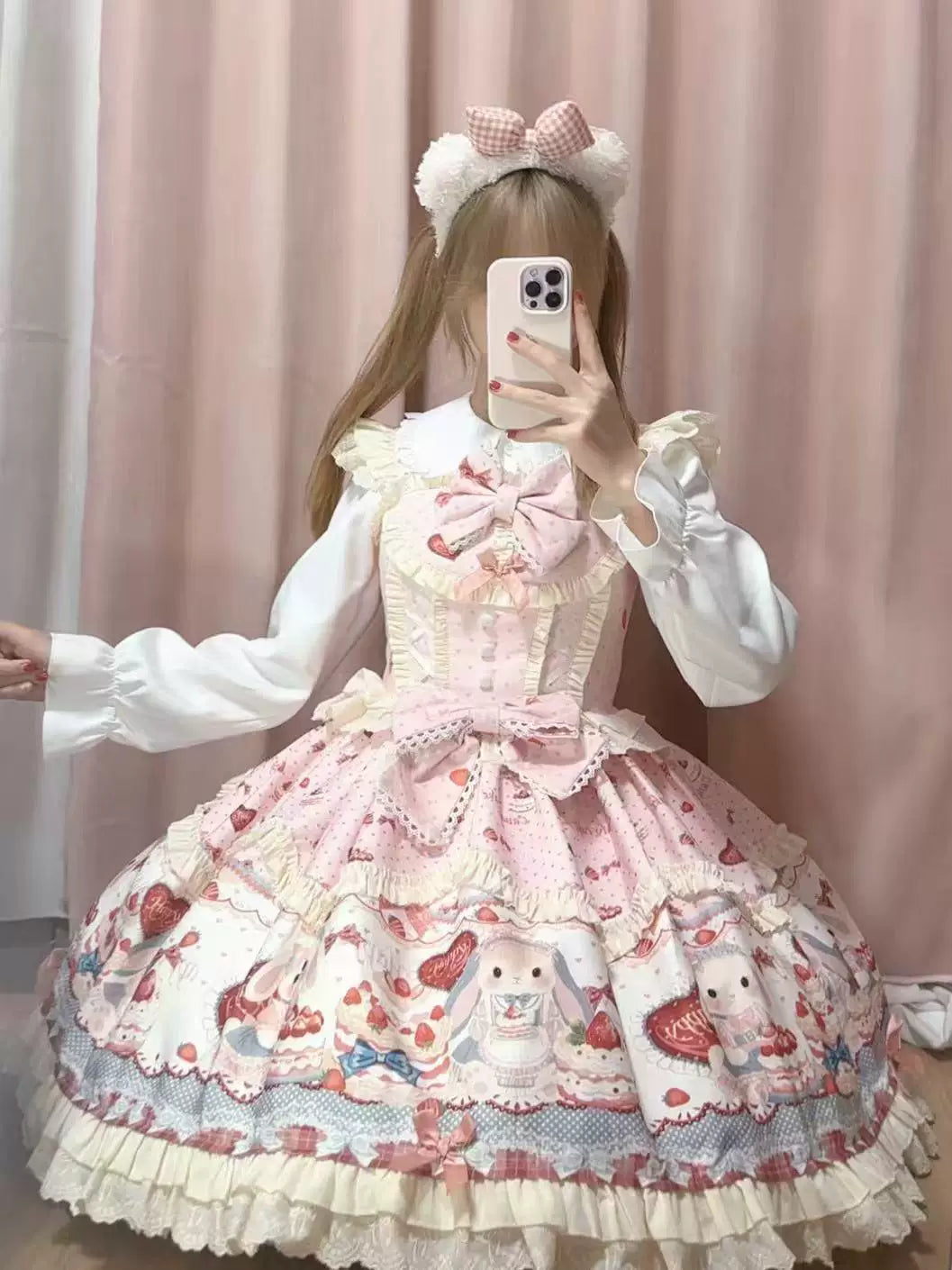 Sweetheart Dream Machine - Cute Rabbit Party - Rabbit-and-Cake Print JSK Dress with Cream Ruffles