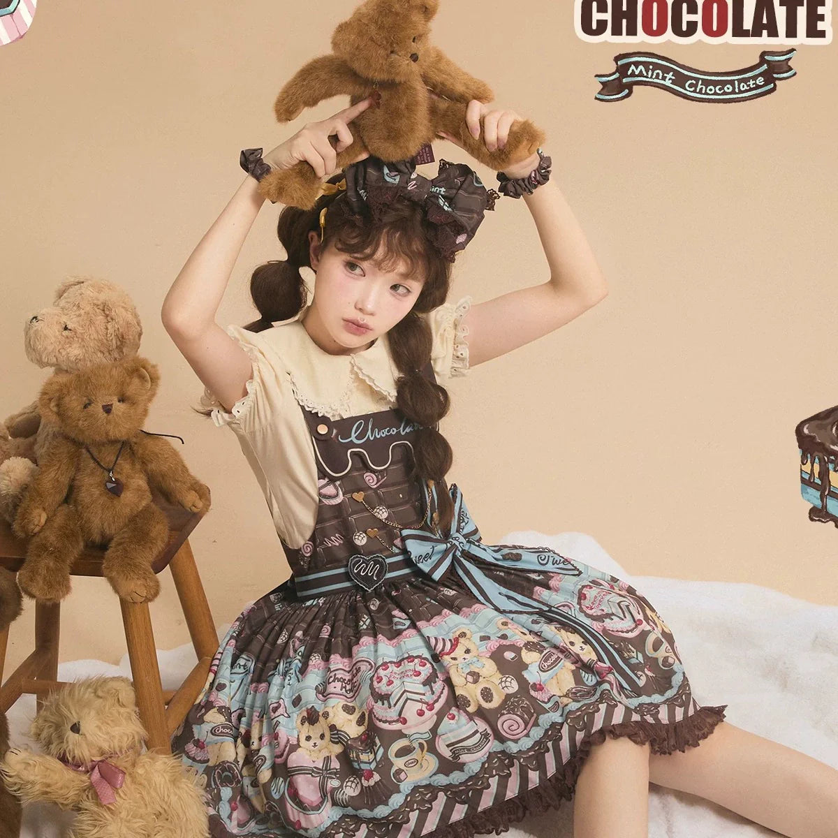 Sweet Dreams Baa Baa - Choco Bear-  High-Waist Suspender Lolita Dress