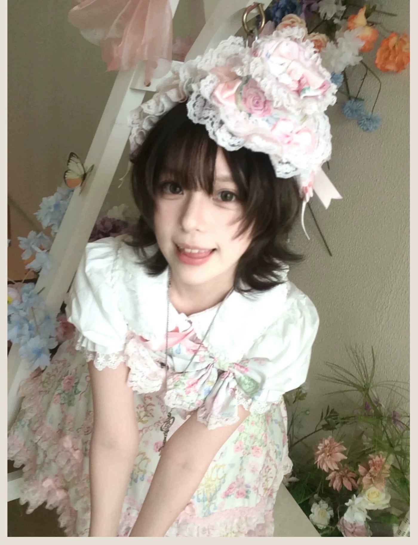 Tata Long Ear - Spring 2025 Floral Wall - Floral Print JSK Dress with Layered Lace Ruffles