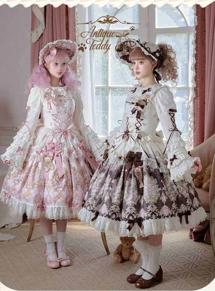 OCELOT - Antique Teddy Bear - Classic Lolita Printed JSK Dress with Ribbon Bows