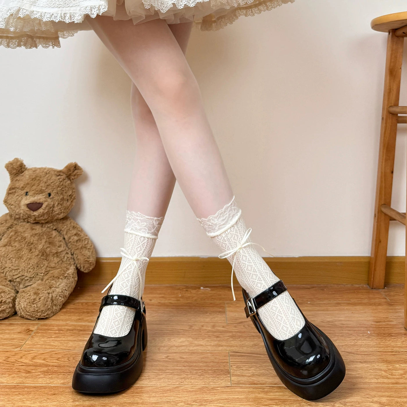 Chubby Bear Tales - Cream Lace Bow Collection - Named-Style Lace Socks
