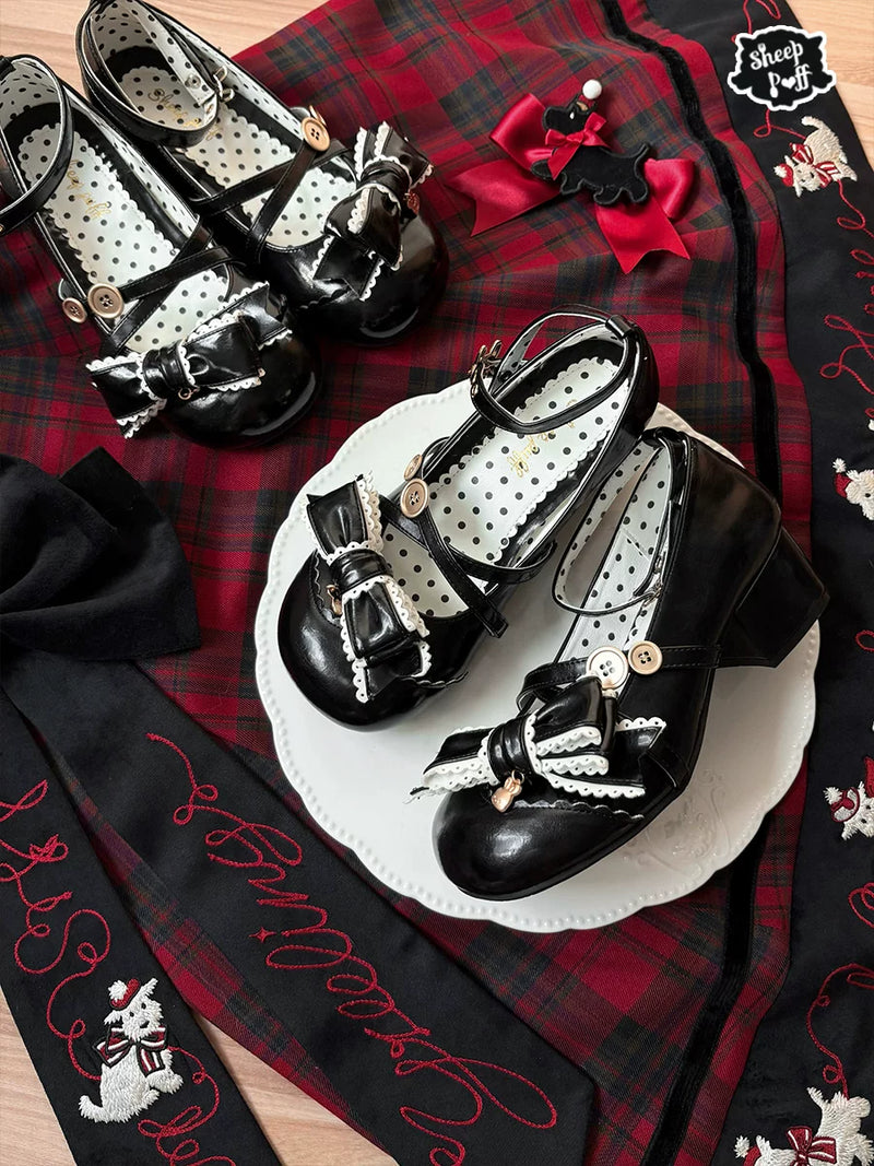 Sheep Puff Button Bunny Mid Heel Lolita Shoes featuring cute bunny details and comfortable mid heel design.