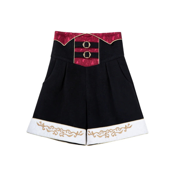Black Ouji Lolita shorts with burgundy waistband and white embroidered trim.