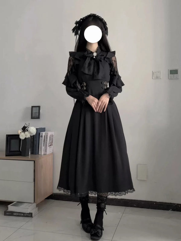 Rose Dreamscape black OP dress with a large bow, ruffled details, long sleeves and lace trim
