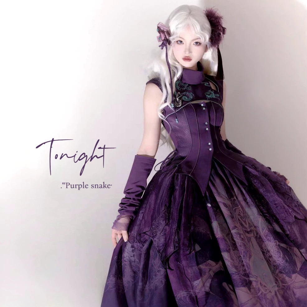 Purple Snake Chinese Gothic Lolita coordinate with a high collar and full skirt in an editorial image.